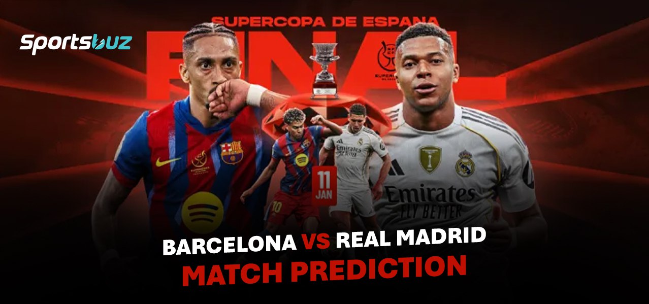 El Clásico Supercopa de España 2026 Barcelona vs Real Madrid match prediction banner with key player