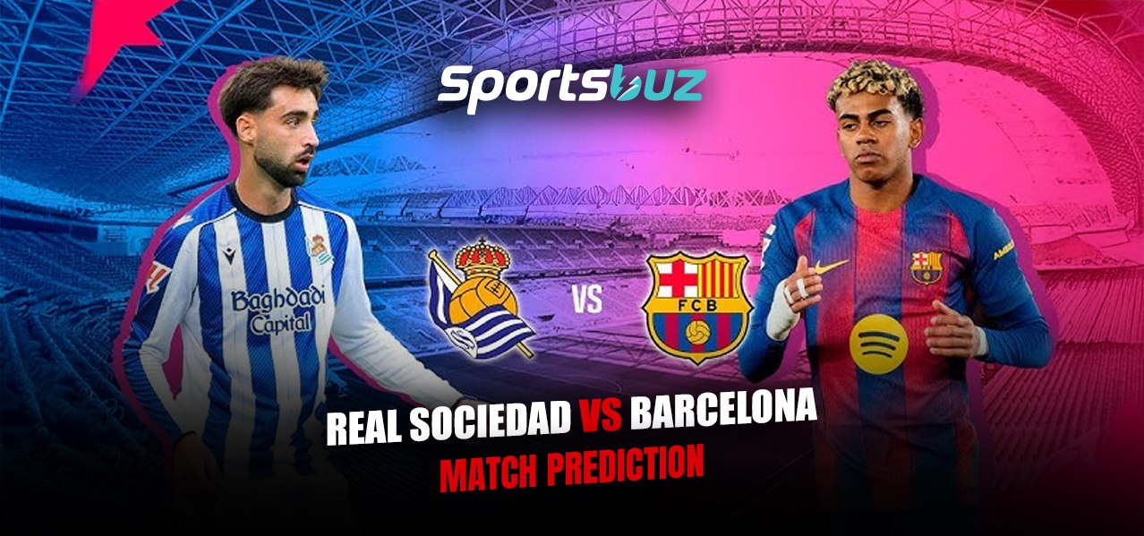 Previsione della partita Real Sociedad vs Barcelona con i loghi delle squadre e le immagini dei gioc