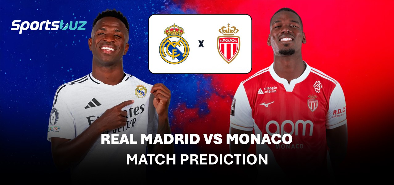 Real Madrid vs Monaco preview and match prediction banner showing both teams, club logos, and Europe